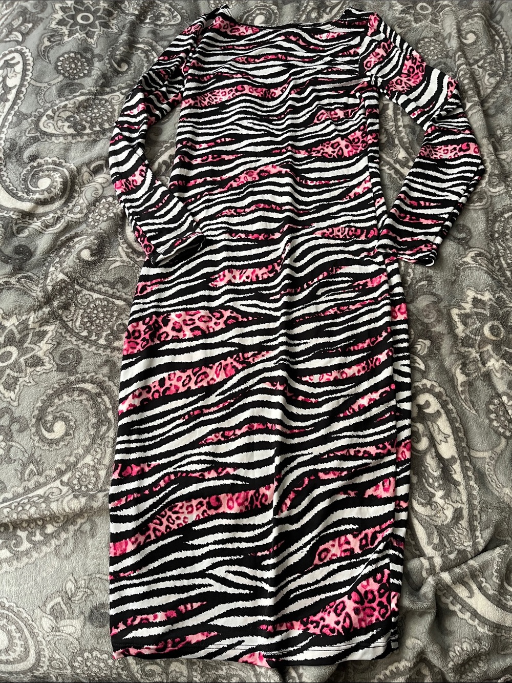 Pink Zebra-Print Long Sleeve Midi Dress